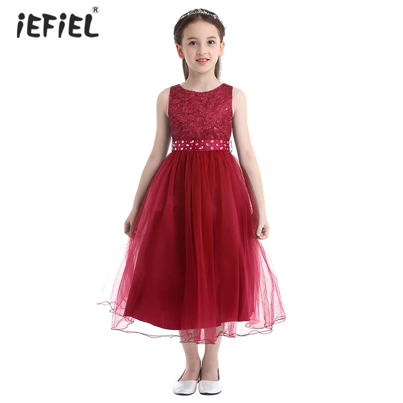 iEFiEL Embroidered Flower Girls Tulle Tutu Sequins Lace Dress Pageant Party Wedding Bridesmaid Prom Princess Formal Maxi | Детская
