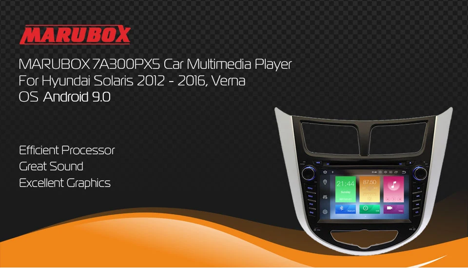 MARUBOX 7A300PX5,Штатная магнитола для HYUNDAI Solaris 2012- Verna, Головное устройство на Android 8.0, Восьмиядерный процессор,оперативная память 4 Гб, встроенная память 32Гб,Радио модуль TEF6686NXP," DVD,GPS,USB