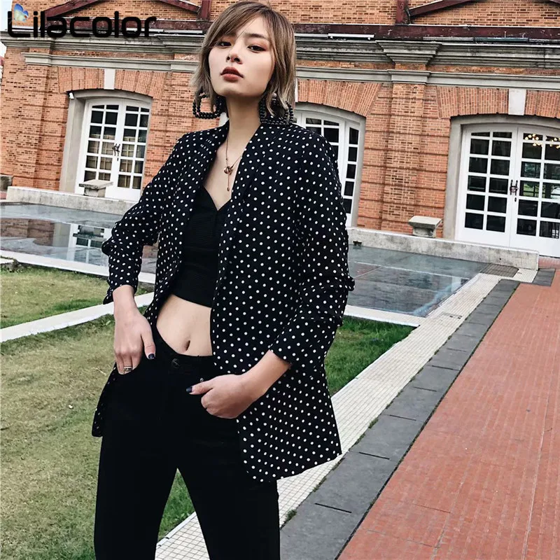 В Горошек повседневные женские блейзеры 2019 Весна Ruched с длинным рукавом Свободные