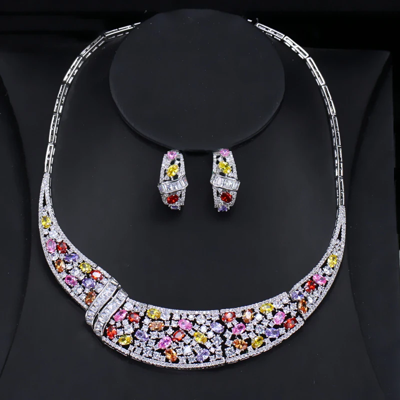 

ANGELCZ Noble Women Jewelr Set Full Pave Setting Colorful AAAAA Cubic Zircon Luxury Evening Party Earrings Necklace AJ133
