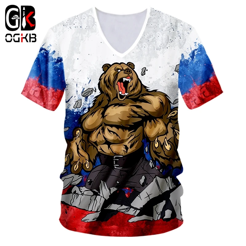 

OGKB Brand Russia V-neck T-shirt Bear Shirts 3d Whole Body Printing War Tee Men Tshirt 2019 Cool Harajuku 7XL