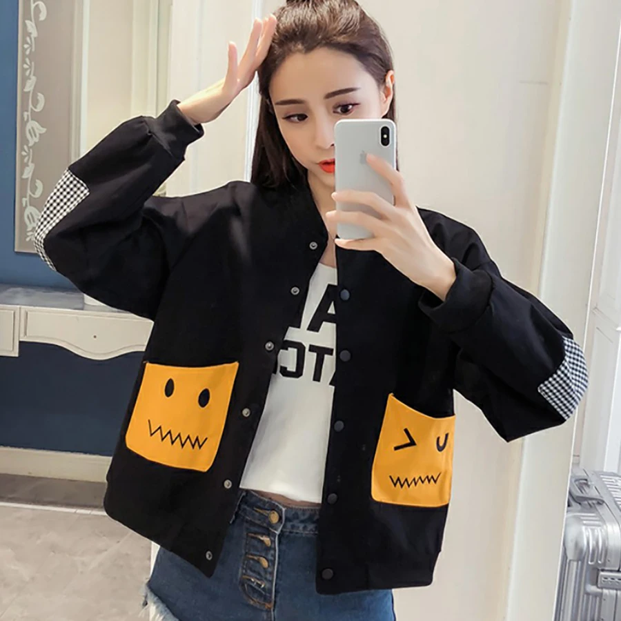 Черная бейсбольная куртка для женщин осень Harajuku размера плюс пальто уличная куртка больше размера d куртка-бомбер Корейская одежда в стиле хип-хоп 50B057