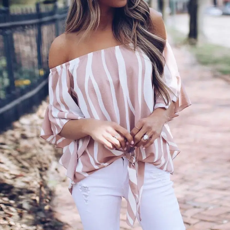 Новые женские футболки 2018 летние модные Полиэстеровые полосатые рубашки с