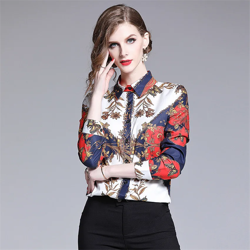 Рубашка женская с длинным рукавом и винтажным принтом 2019|Блузки| |