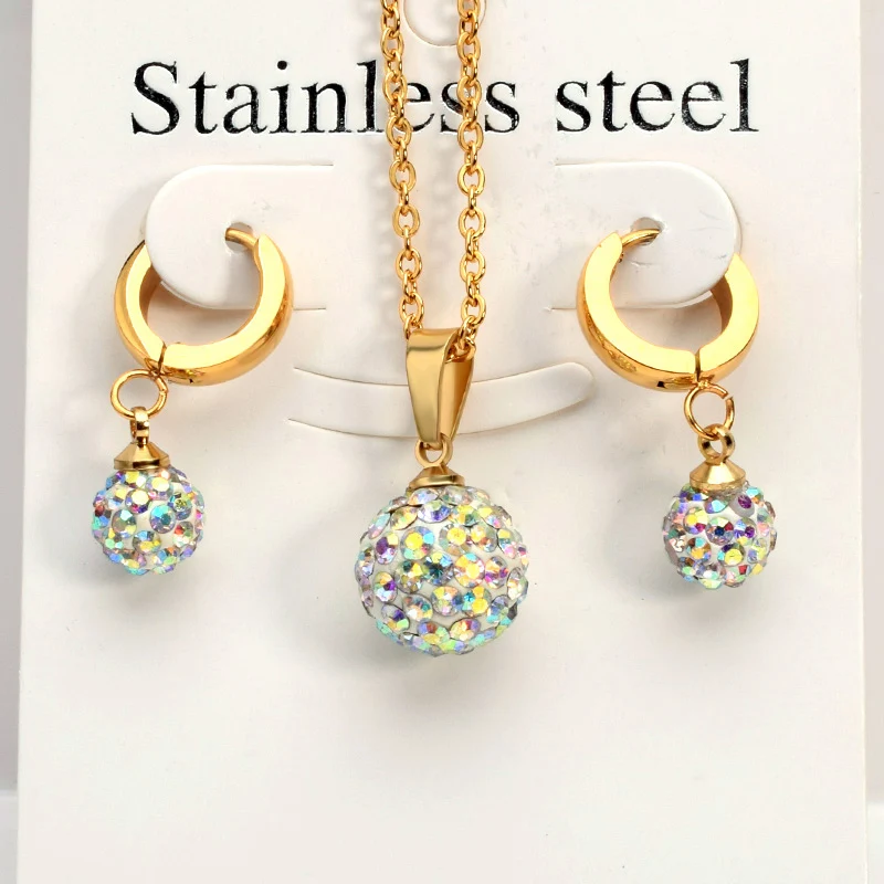 FairLadyHood Women Stainless Steel Jewelry Sets With Zircon Ball Earrings Necklace For Sweater Chain | Украшения и аксессуары