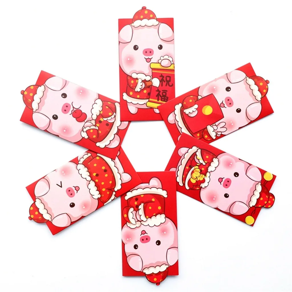6 шт./компл. 2019 новогодний поросенок мультфильм красные пакеты Hong Bao Lucky Money