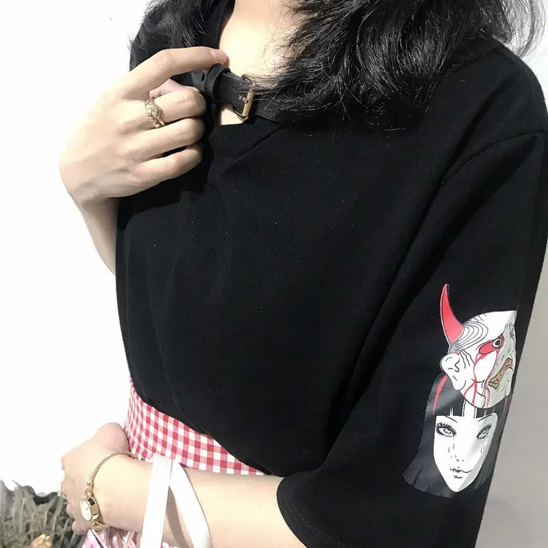 NiceMix летняя хлопковая футболка для женщин Harajuku Tumblr Топы Футболка с рисунком женский свободный топ с v-образным вырезом и коротким рукавом Femme - Цвет: Черный