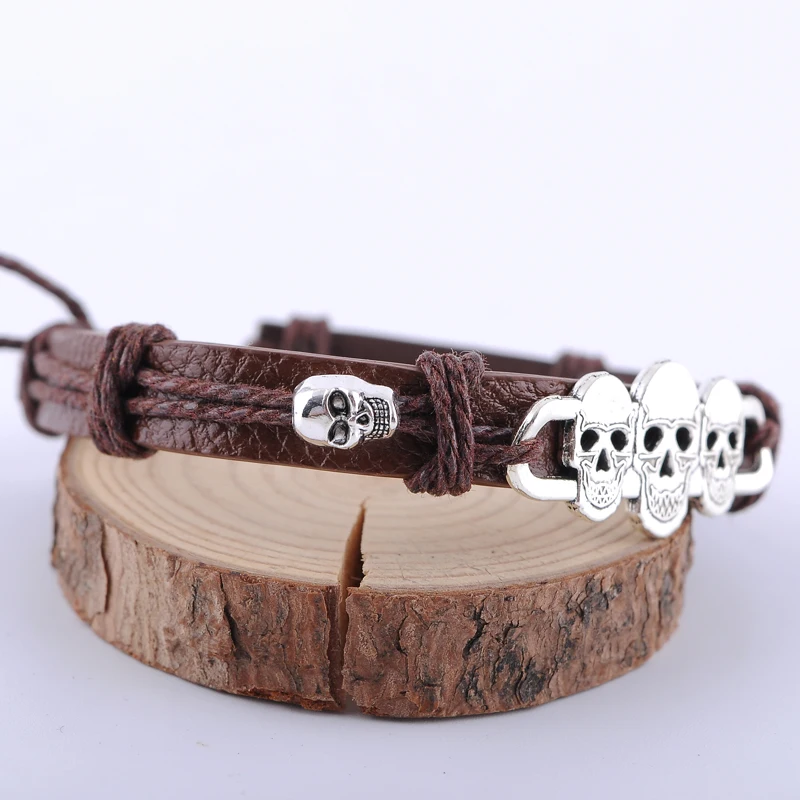 Новый модный кожаный браслет в стиле панк с черепом мужские Многослойные