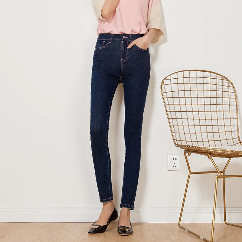 Женские джинсы карандаш LEIJIJEANS повседневные темно синие с высокой талией на флисе