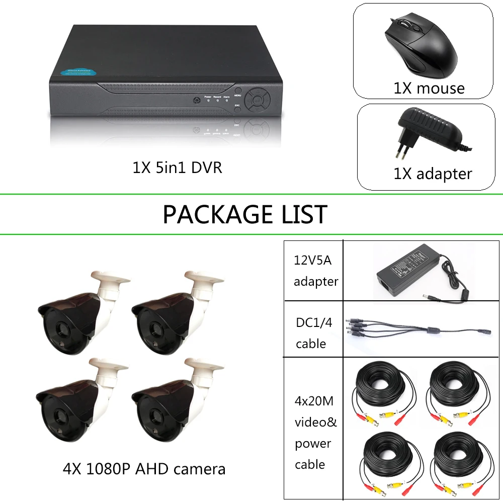 Комплект видеонаблюдения YiiSPO 4 канала 5 в 1 1080N DVR 1080P 2 МП водонепроницаемая AHD
