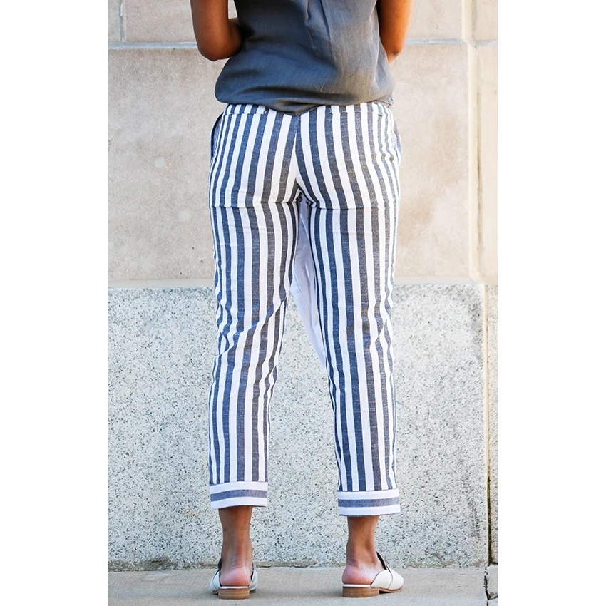 Синие полосатые узкие брюки женские карманные OL Стиль рабочие 2018 весна Высокая