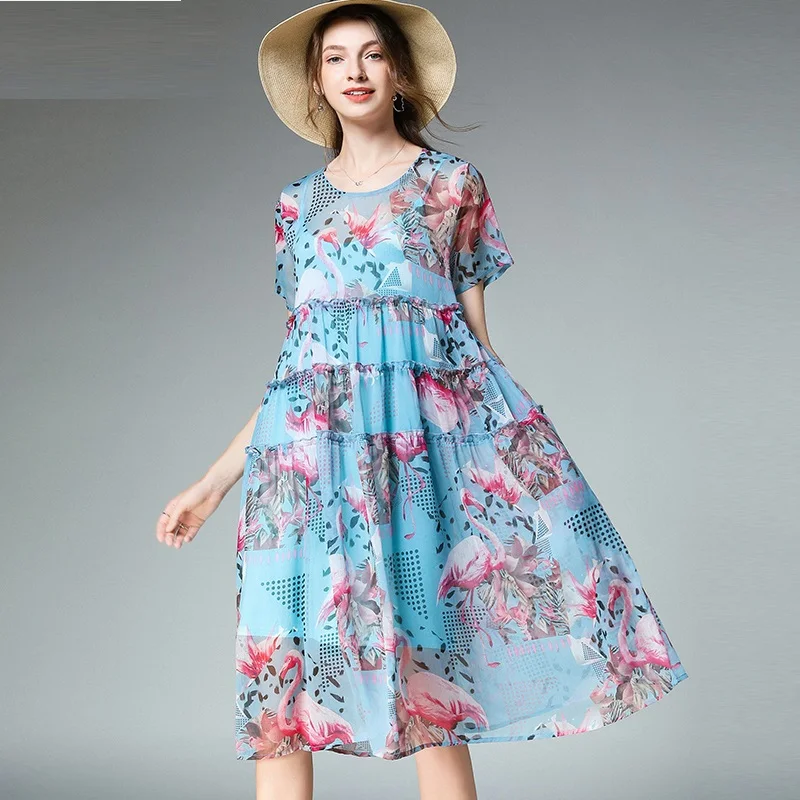 Длинное шифоновое платье с каскадными оборками летнее Элегантное расклешенное