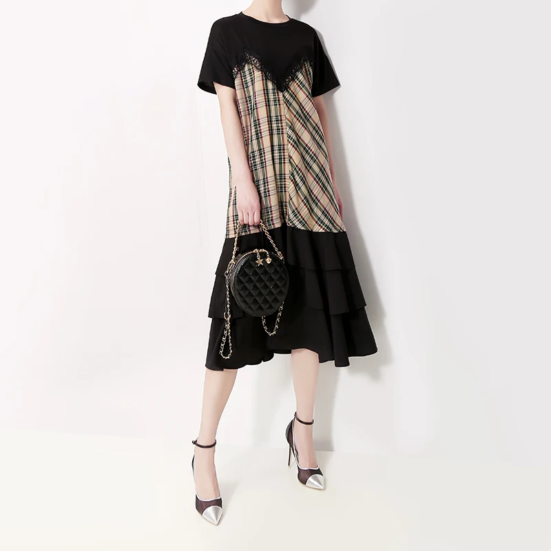 2019 корейский стиль женское летнее черное платье короткий рукав оборки подол
