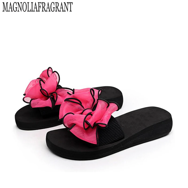 С бантом Женские сандалии шлепанцы 2017 Летние босоножки с бахромой на плоской