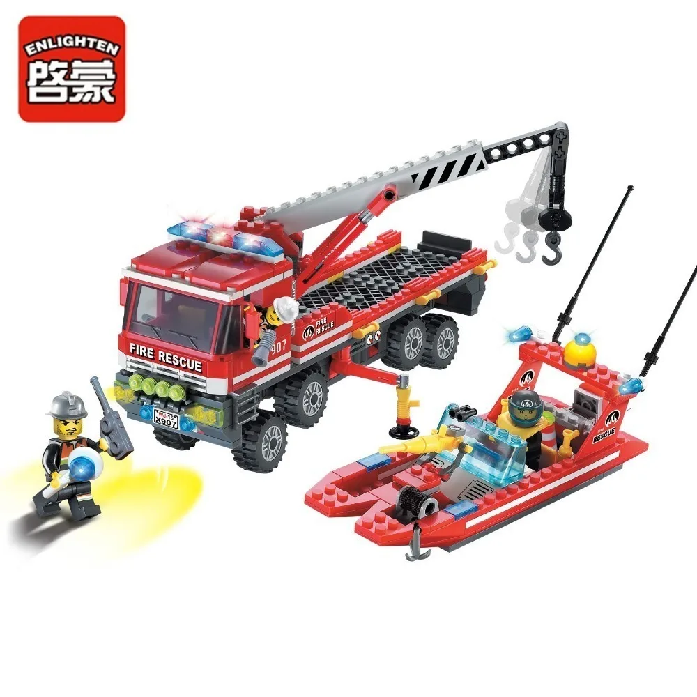 Просвещения Building Block Пожарная служба All-Terrain своих лодки Carrier грузовик 3 пожарный