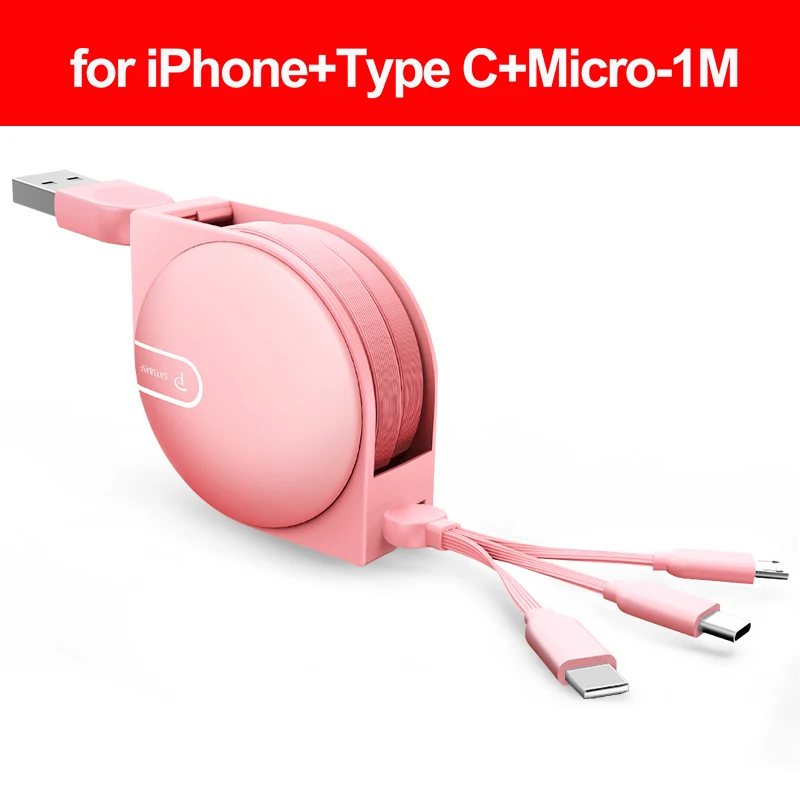 3 in 1-Pink OATSBASF 3 в 1 Micro usb type C 8 Pin для iPhone XS Max X 8 7 Nokia 8 USB Выдвижной зарядный кабель для Xiaomi huawei 2 в 1 USB - Цвет: 3 in 1-Pink