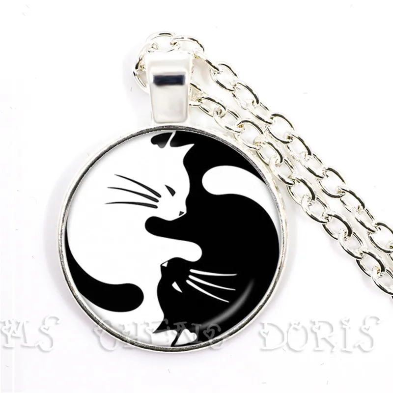 

YinYang Black and White Cats Pendant Silver Plated Necklace For Women Accessories Cute Animal Jewelry Glass Dome Pendants