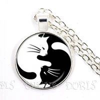 yinyang black and white cats pendant silver plated necklace for women accessories cute animal jewelry glass dome pendants