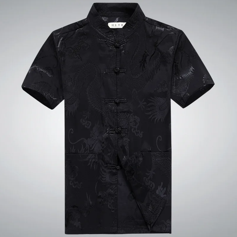 Silk Shirt Dress Pant Suits Men Red Dragon Shirts Summer Chinese Costumes Mandarin Collar Tops Plus Size Kung Fu Clothing | Мужская