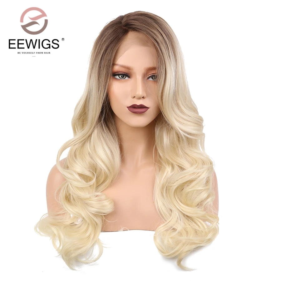EEWIGS, боковая часть, длинные волнистые парики, жаропрочные, Омбре, синтетический блонд, парик на кружеве, короткие, коричневые, корни, парик для женщин