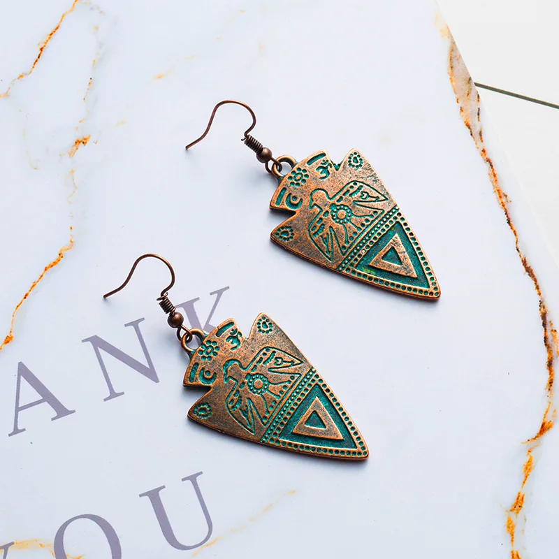 QIANKE Vintage Big Alloy Drop Earrings for Women Long Boho Ethnic Green Triangle Bronze Dangle Earring Fashion Jewelry Wholesale | Украшения