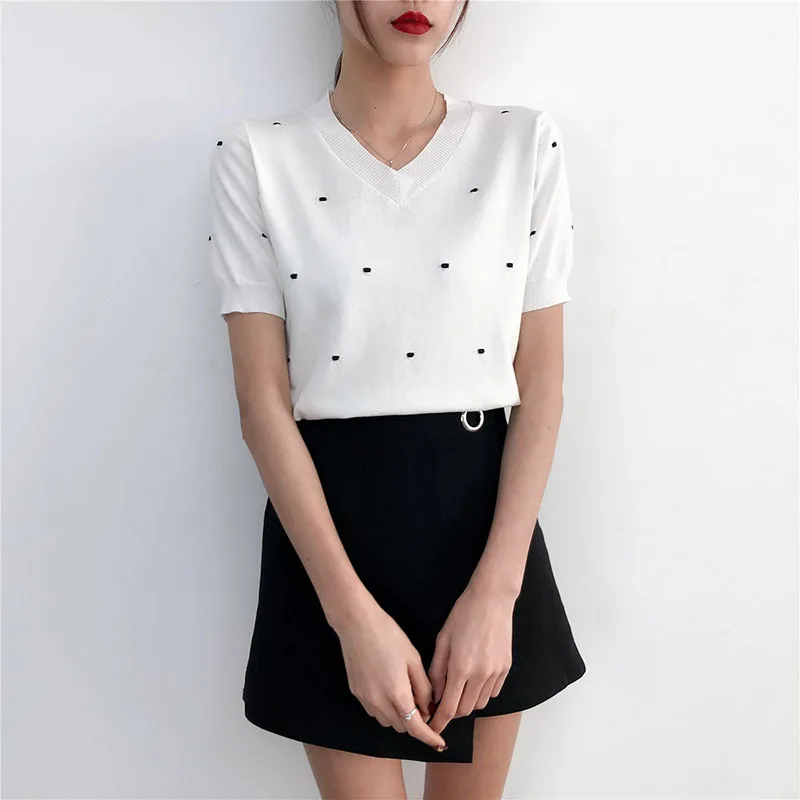 2019 Summer Women Pullover Tops Knitted Short Sleeve Spring Pull Sweater Ladies Cool Knit Jumper Female Korea Pullovers | Женская одежда