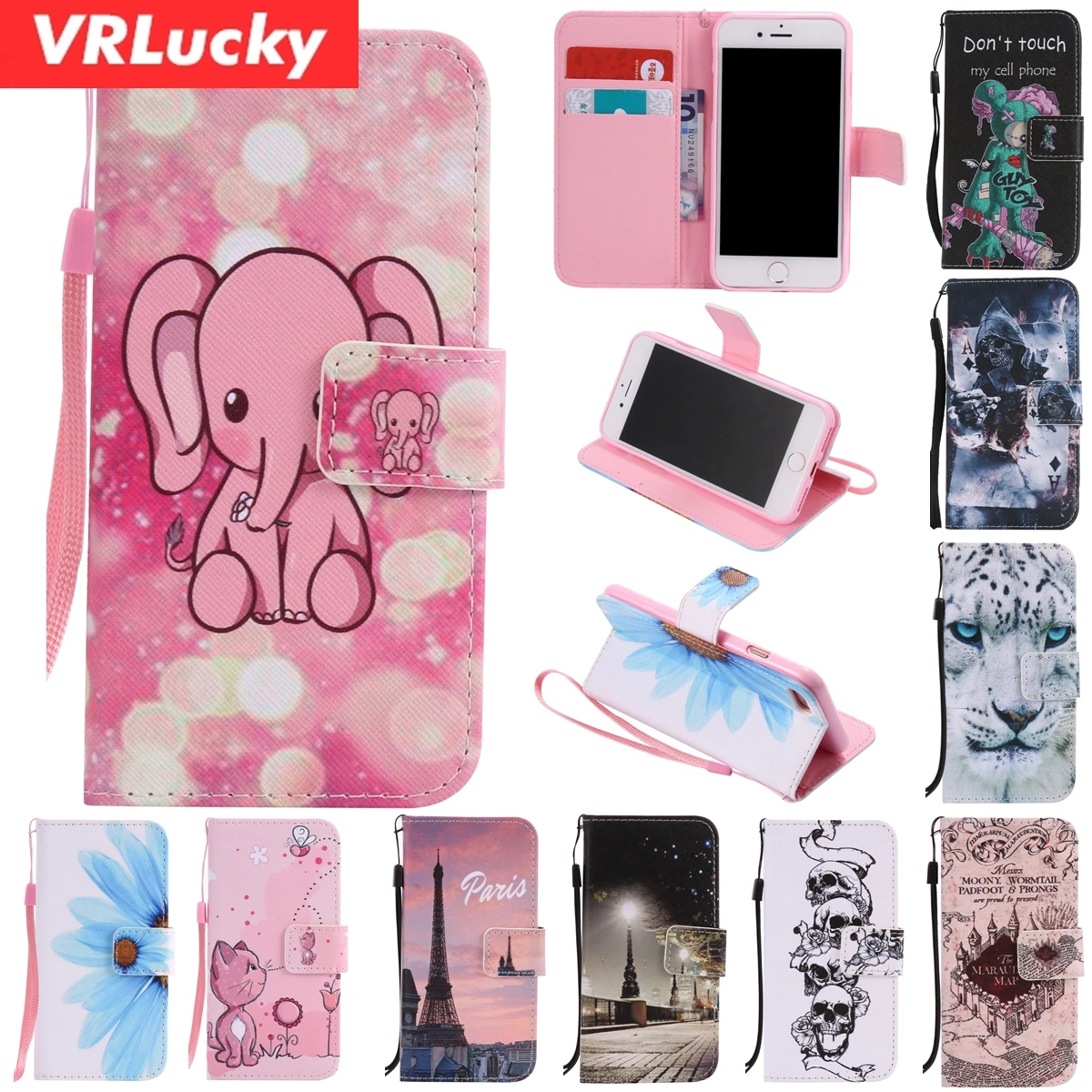 VRLucky слон кошка череп узор откидная крышка телефона чехол для huawei P8 P9 P10 Lite 2017 плюс