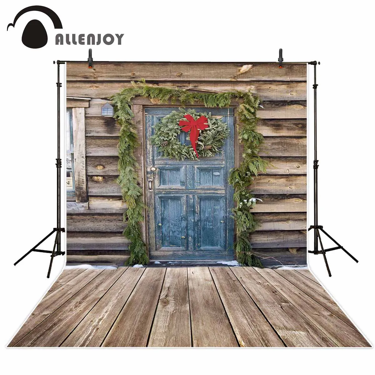 Allenjoy Christmas backdrop photography wreath door cabin winter countryside rural decoration for home photo studio background |