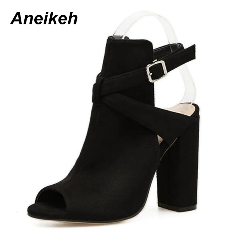 Black Aneikeh; женские весенние босоножки на ремешке с пряжкой; элегантные туфли из флока с перекрестными ремешками на высоком каблуке с открытым носком; женская обувь на квадратном каблуке - Цвет: Black