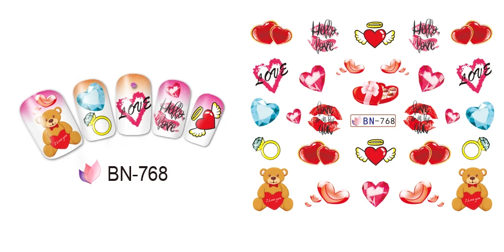 UPRETTEGO 12 упак./лот переводка NAIL ART Наклейки для ногтей на День святого Валентина свадьбы Kiss Bear сладкое сердце чашка любовь BN757-768