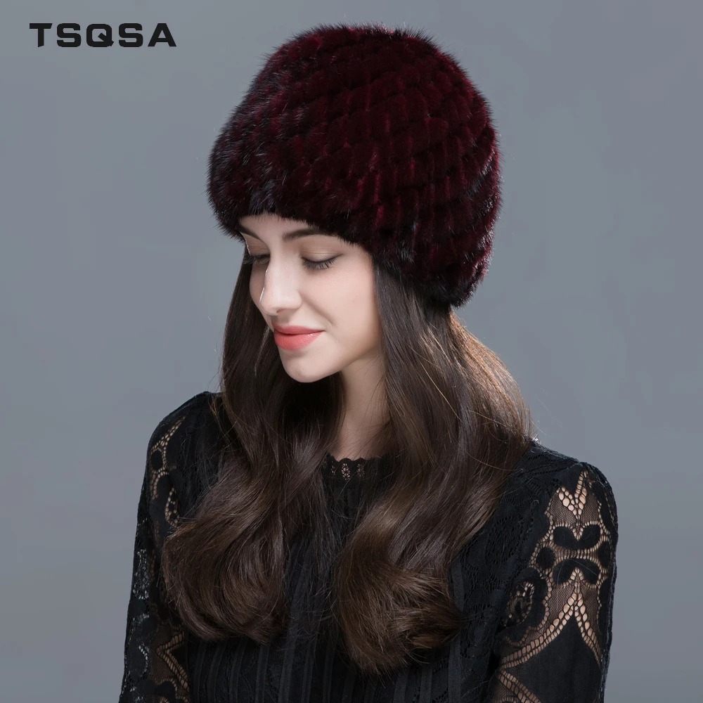 TSQSA Women Real Mink Fur Hat Natural Female Hats Winter Thick Warm Fashion Cap Ladies Pineapple TAH1607 | Аксессуары для одежды