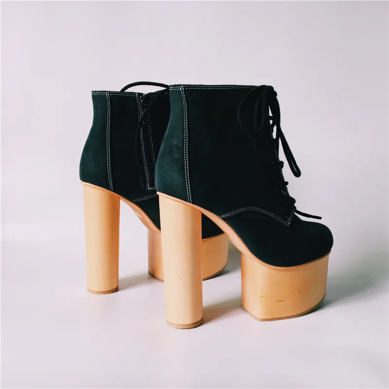 Женские ботильоны на платформе черные кожаные зимние botas mujer Кружево до мотоцикла botines 14 см Вуди женская обувь на высоком каблуке botines
