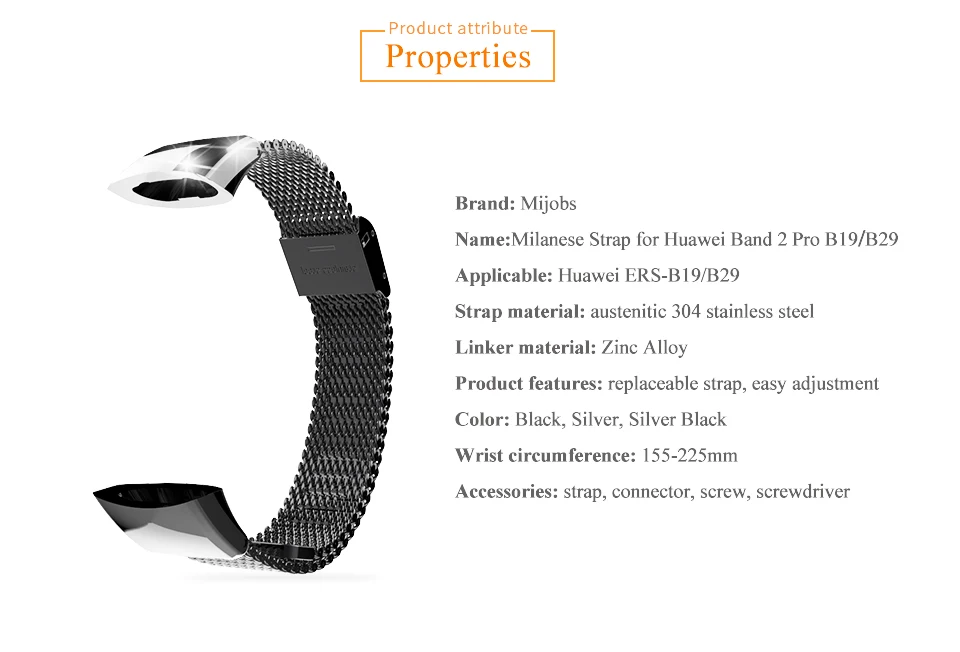 Mijobs металлический ремешок B19 B29 для huawei Band 2 Pro спортивный браслет умные аксессуары браслеты для huawei Band 2 ремешок умные часы