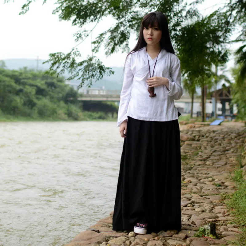 

Hanfu Costume Black Long Skirt Chinese Clothes Summer High Waist Red Cotton Linen Retro Maxi Skirt Saia Longa Jupe Faldas Largas