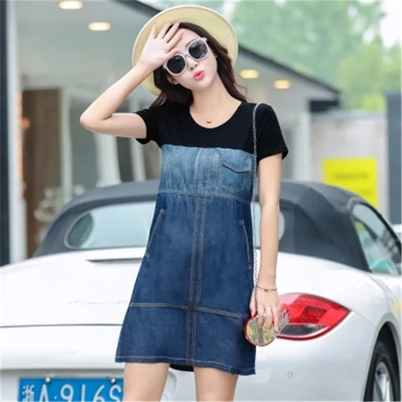 Женское джинсовое платье с коротким рукавом повседневное свободное большого