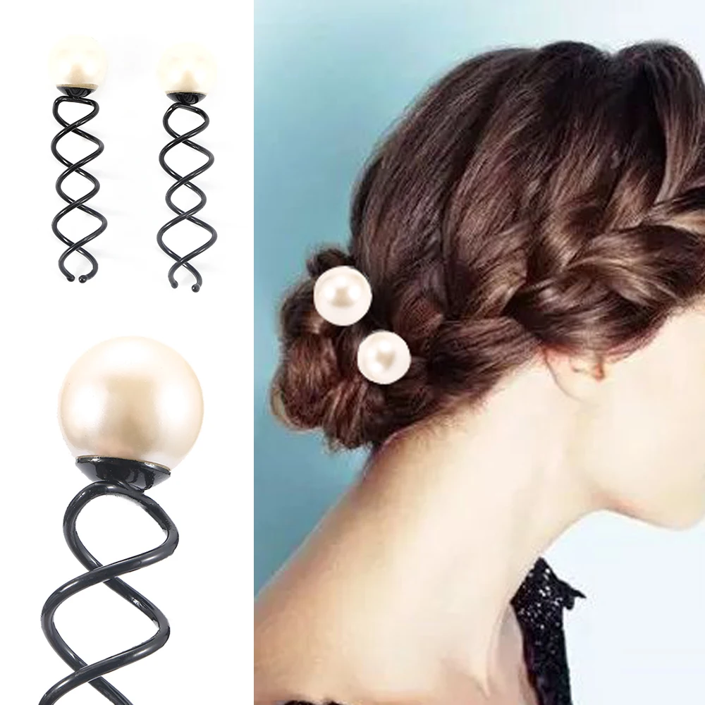 

4pcs Sweet Girls Big Pearl Spiral Spin Hair Pins Useful Screw Bobby Clips Twist Barrette Hair Accessory Styling Tools