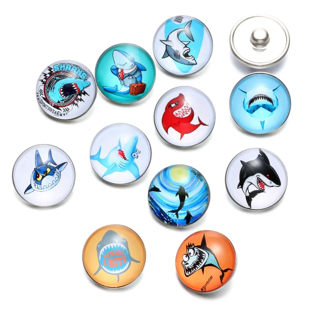 12pcs/Lot Mr.Shark Pattern Glass Charm 18mm Snap Button Jewelry For Snaps Bracelet KZ0518 | Украшения и аксессуары