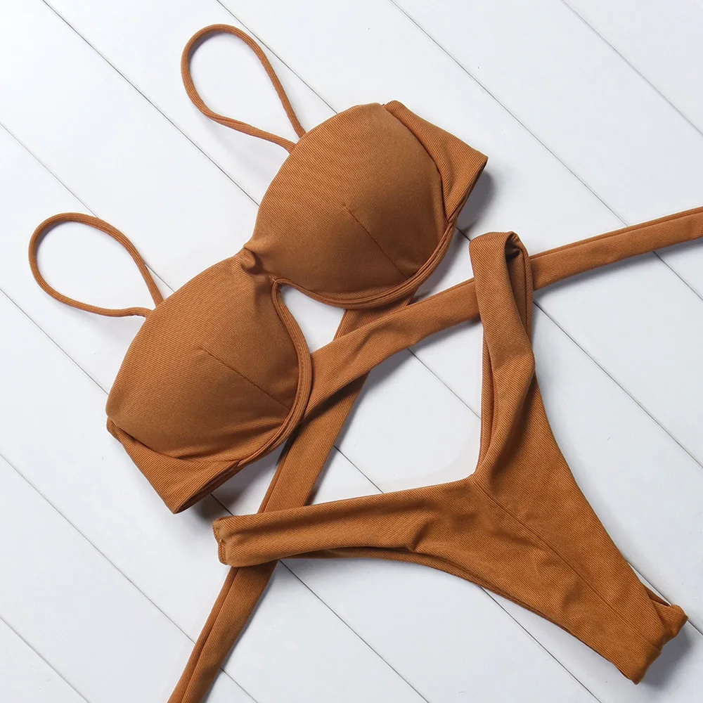 solid swimsuit women sexy bikini thong set 2018 halter bandage swimwear female push up bathing suit summer swimming |