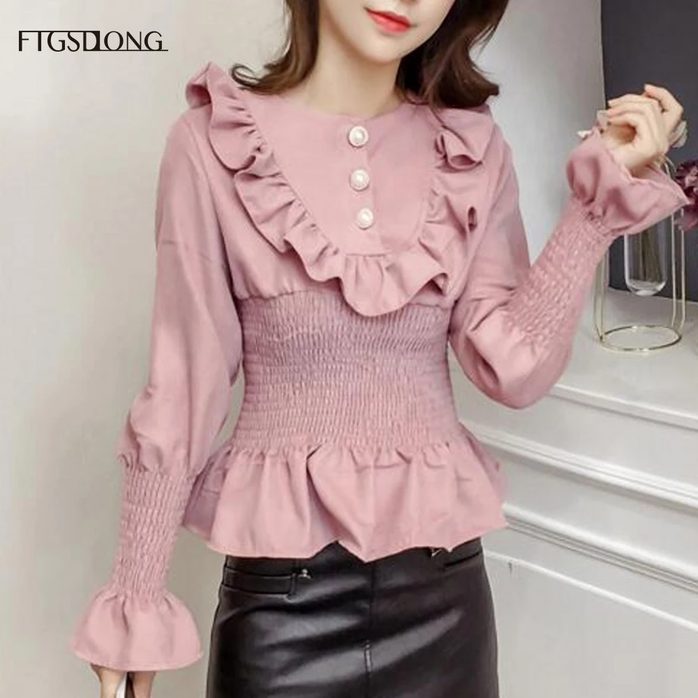 Женская блузка на пуговицах FTGSDLONG винтажная с длинным рукавом и круглым вырезом