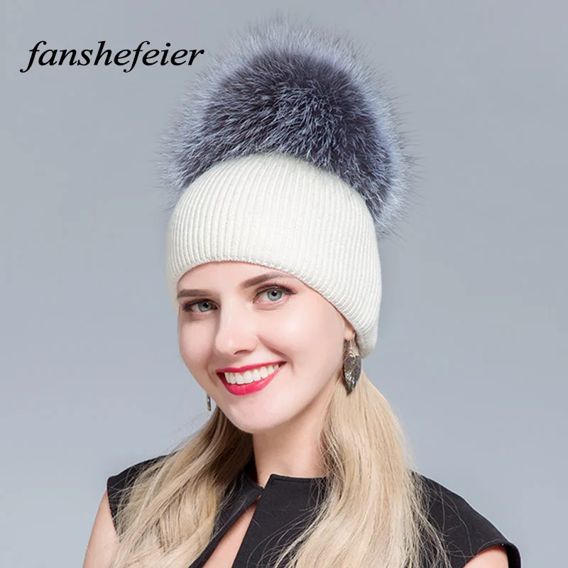 Fanshefeier натуральный мех енота помпон однотонные горнолыжные шапки зимние шапочки