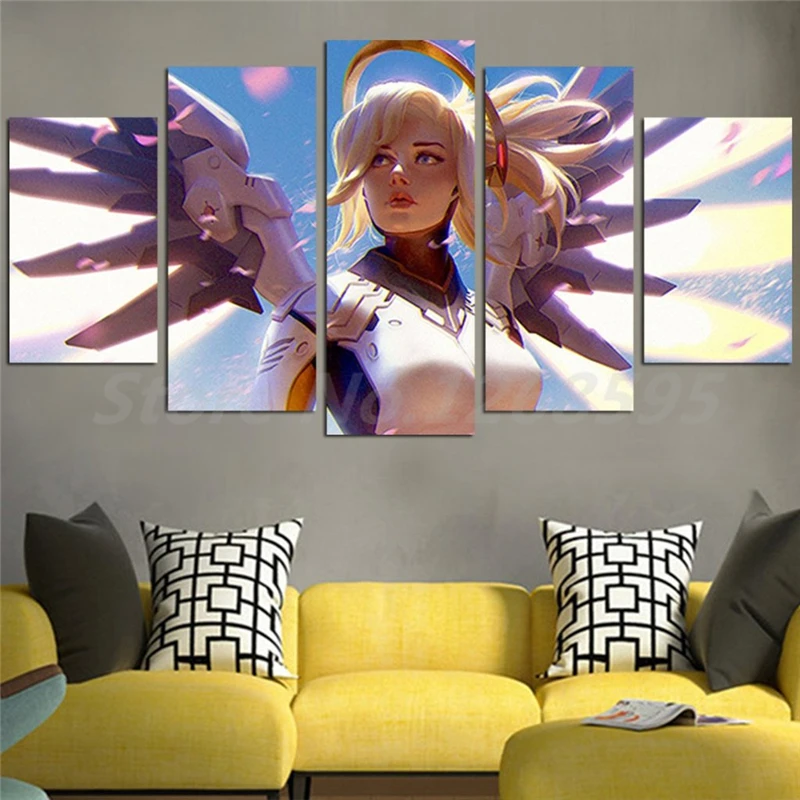 

Overwatches Mercy HD Wallpapers 5 Pieces Wall Art Canvas Posters Prints Painting Wall Pictures For Office Living Room Home Decor