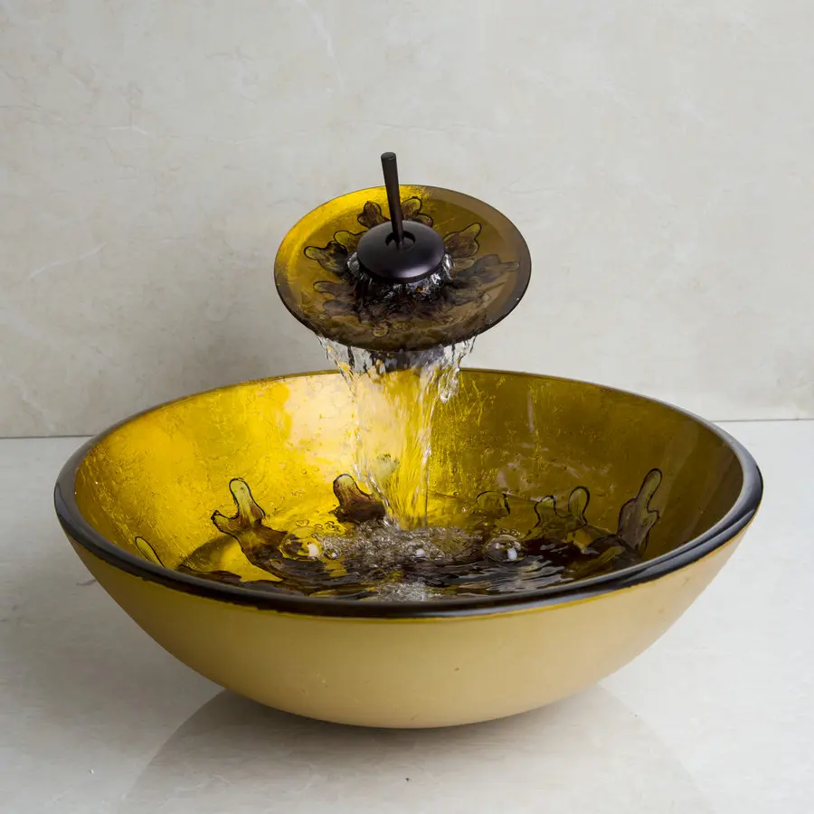 YANKSMART Yellow Algas Vessel Vanity Hand Painting Basin Sink Countertop Bowl Tempered Glass Faucet Set | Обустройство дома