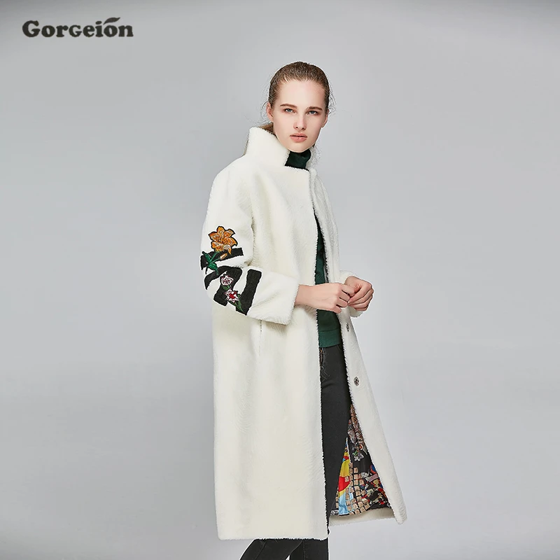Gorgeion Мех животных зимнее пальто стекаются зима девять четверти рукав Вышивка