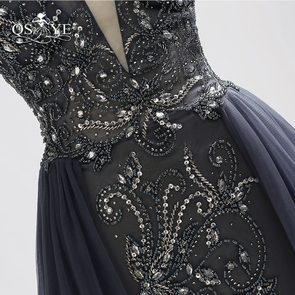 Женское вечернее платье с юбкой-годе темно-серое V-образным вырезом открытой