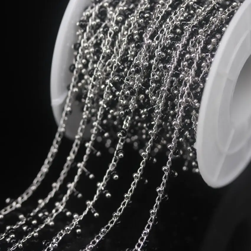 

5Meter/lot,Plated Silver Brass Wire Wrapped Black Glass Rondelle Rosary Chain,Tiny Tube Round Beads Women Sweater chains Jewelry