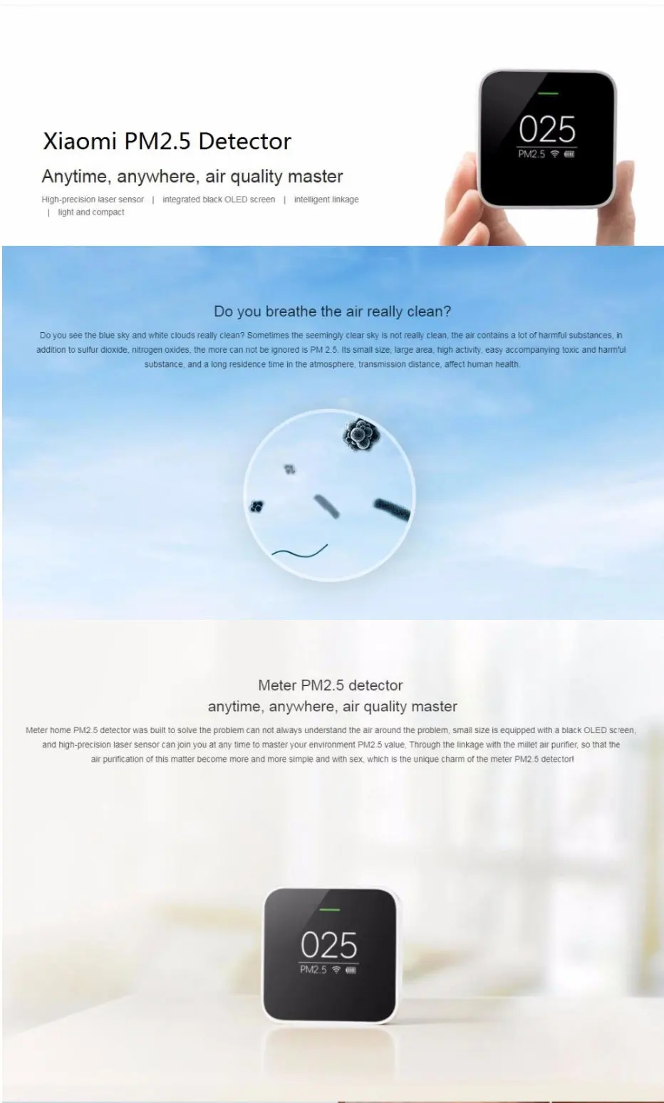 Xiaomi Smart Air качество PM2.5 монитор детектор OLED дисплей точный лазерный датчик Белый Уход за здоровьем приложение контроль
