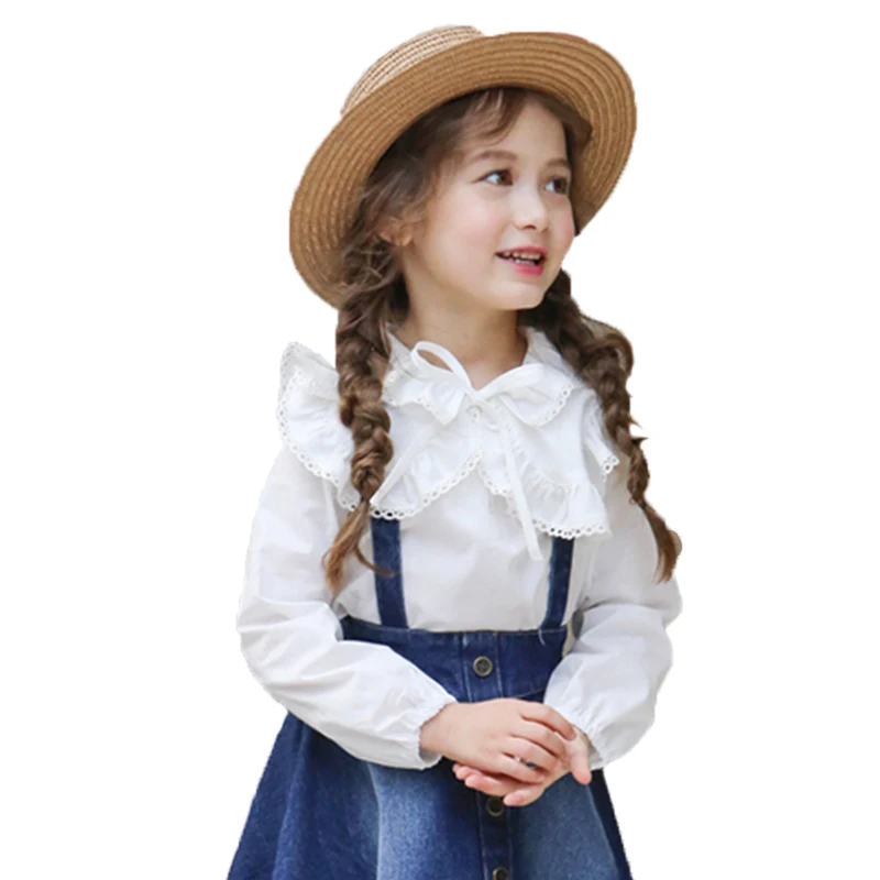 2017 Осенняя Розовая белая блузка с оборками для девочек подростков Повседневная