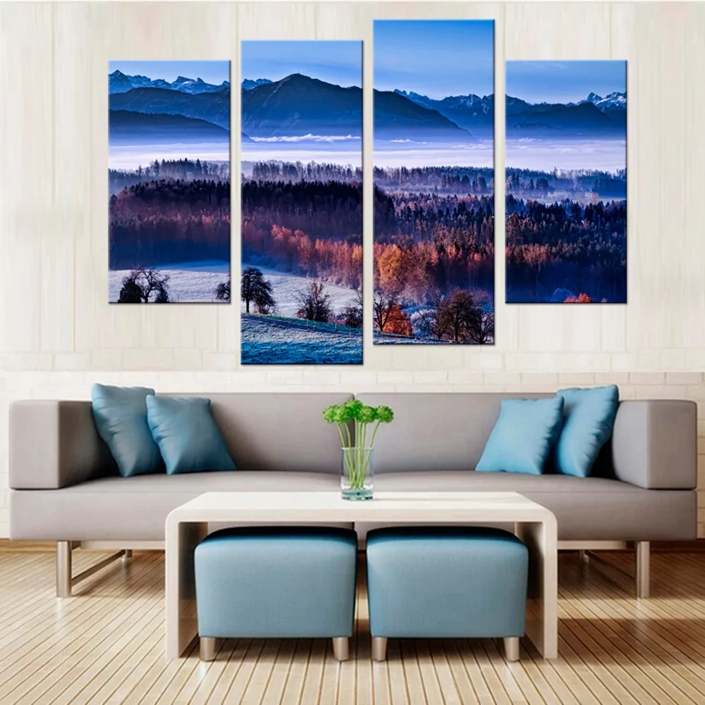 4 Pcs/set nature landscapes mountains trees forest wood winter snow seasons sky clouds fog Home Decoration Canvas Poster Print | Дом и сад