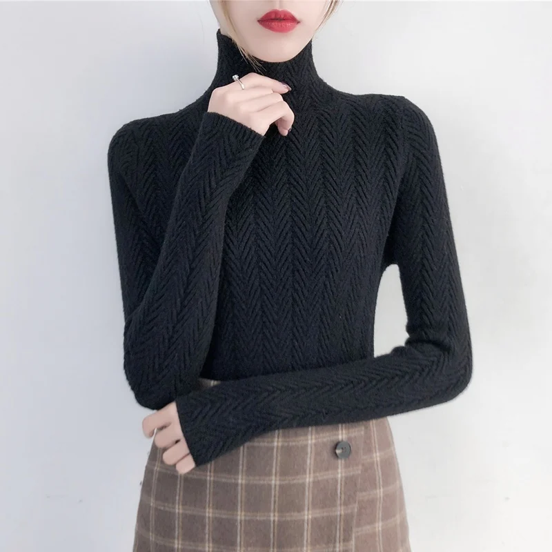 Black turtleneck PEONFLY, водолазка, свитера, Женский пуловер, высокая эластичность, вязаный, в рубчик, тонкий джемпер, Осень-зима, базовый, однотонный, женский свитер - Цвет: Black turtleneck
