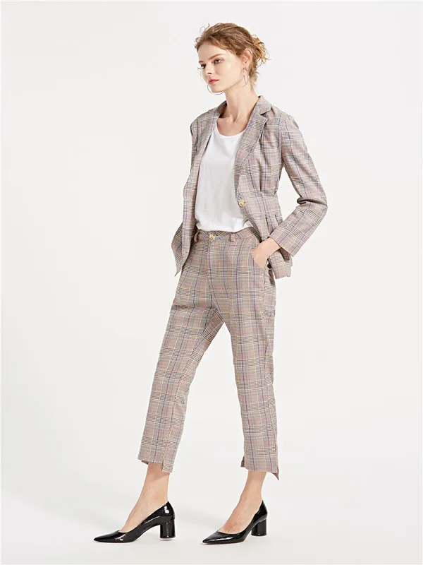 Весна 2019 женский костюм в клетку на одной пуговице тонкая талия три четверти